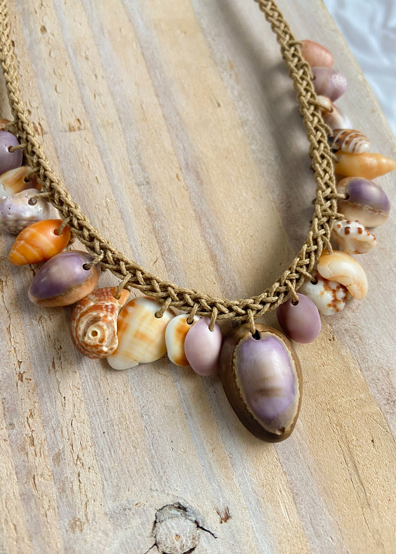 Braided Shell Necklace - Purple Cowries & Tan Shell Pieces