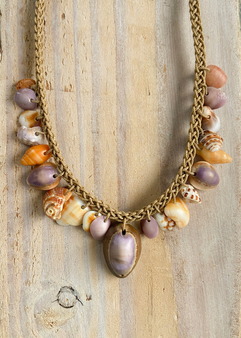 Braided Shell Necklace - Purple Cowries & Tan Shell Pieces