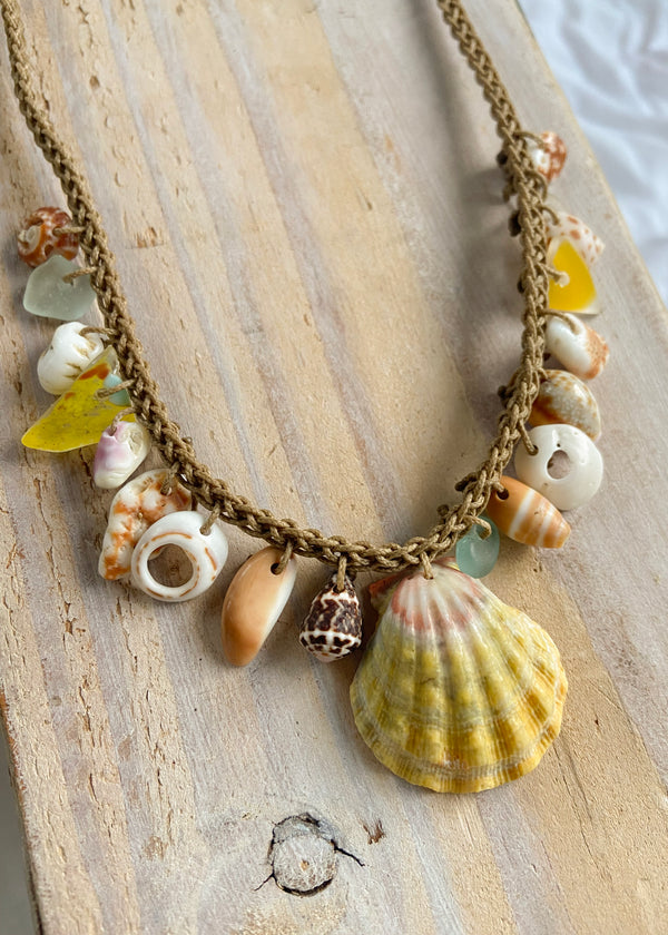 Braided Shell Necklace - Sunrise Shell & Colorful Sea Glass