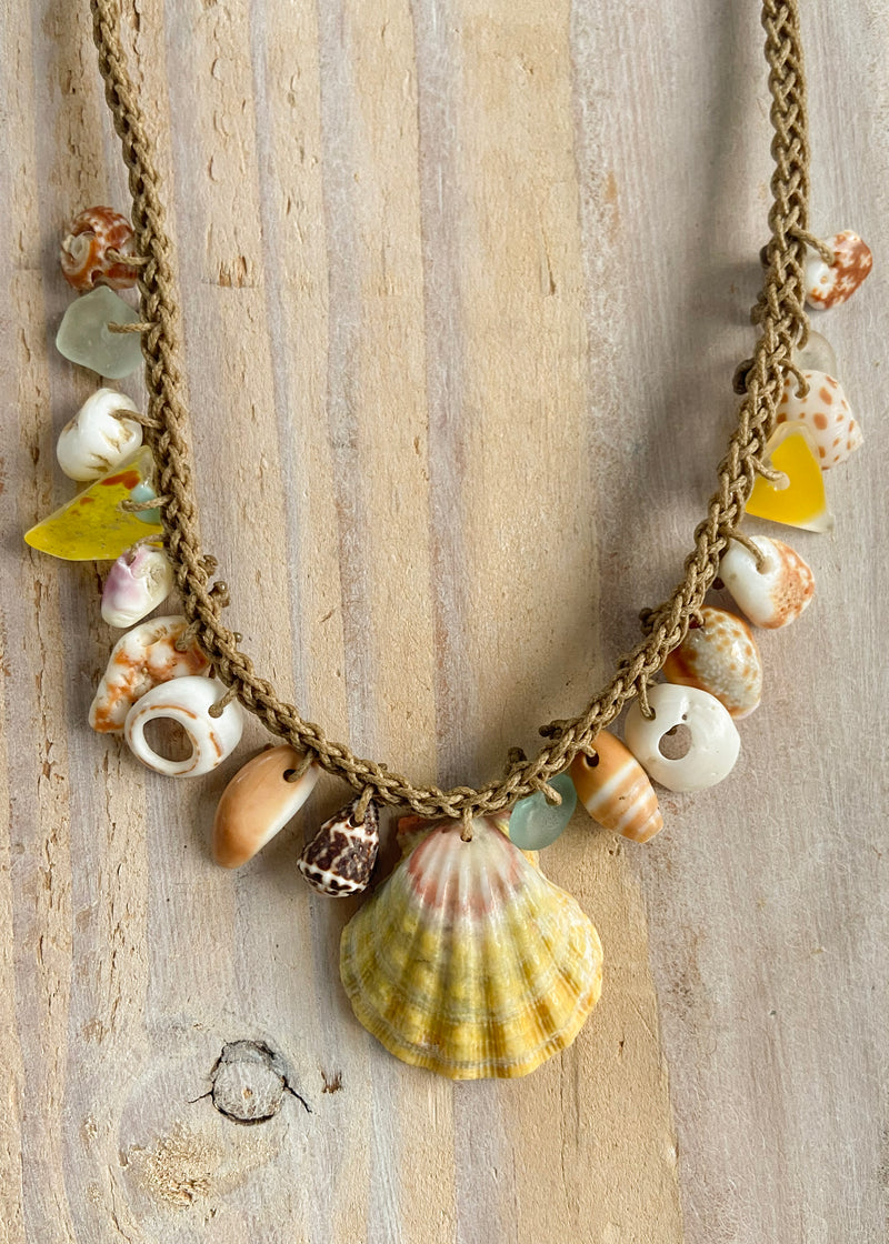 Braided Shell Necklace - Sunrise Shell & Colorful Sea Glass