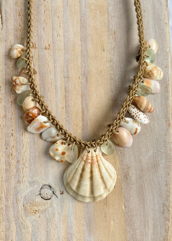 Braided Shell Necklace -Speckled shells & glass