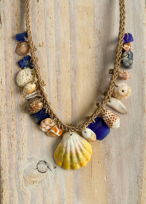 Braided Shell Necklace - Sunrise & Blue Sea Glass
