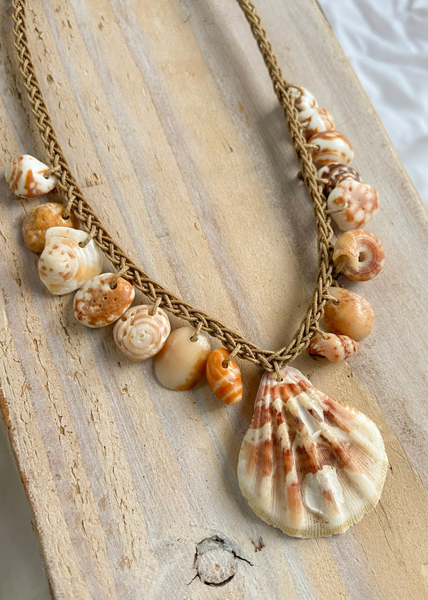 Braided Shell Necklace -Neutral shells & Coral
