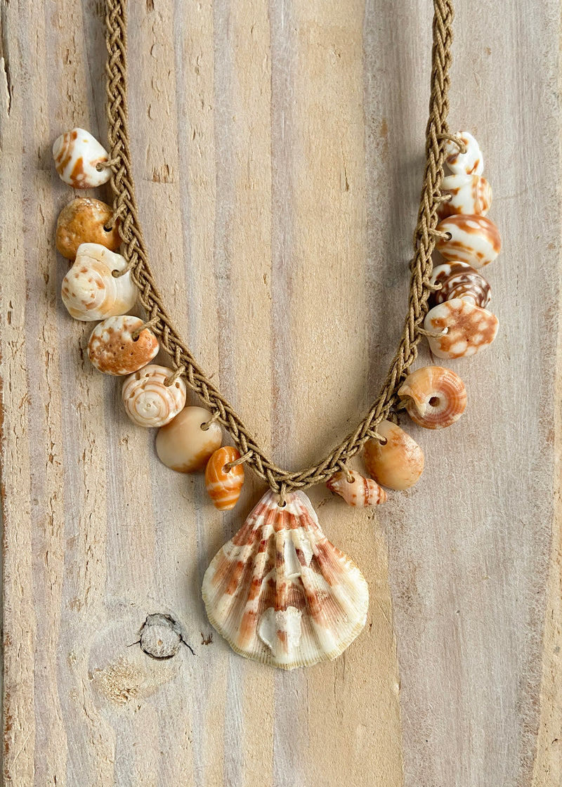 Braided Shell Necklace -Neutral shells & Coral