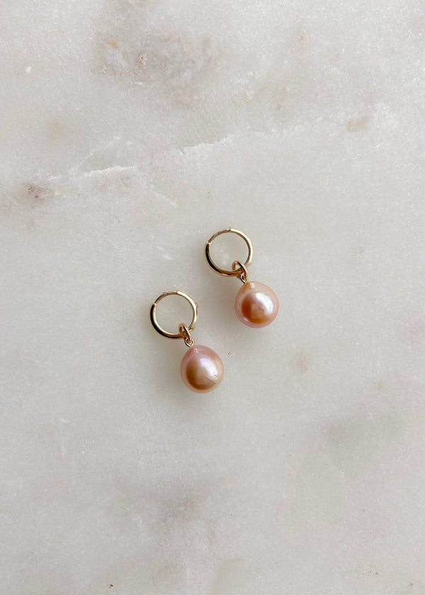 14k Pink Freshwater Pearl Drop Charm Hoop Earrings