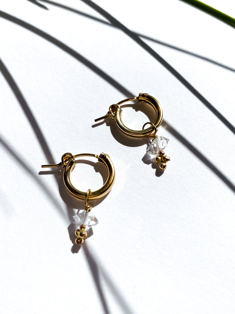 Gold Filled Hoops with a Herkimer Charm and granulation at base.