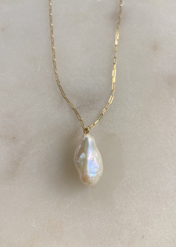 Freshwater Keshi Pearl on 14k Paperclip Link Chain