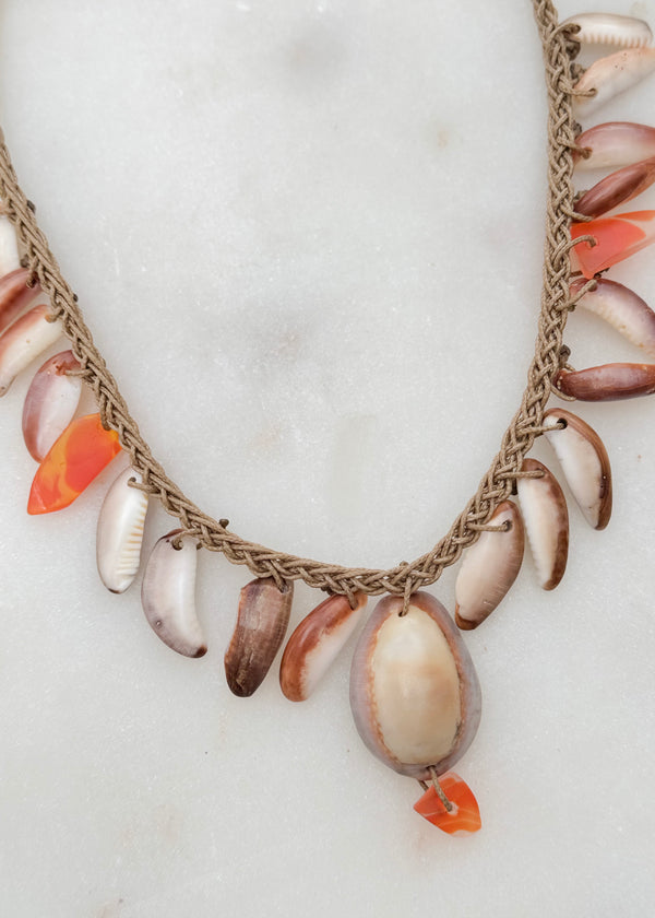 Braided Shell Necklace - Orange Sea Glass & Cowrie