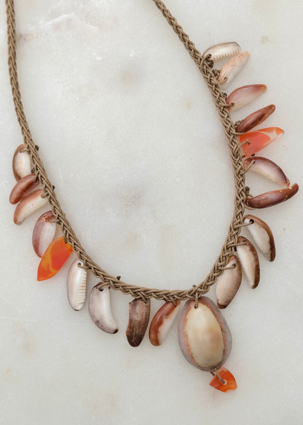 Braided Shell Necklace - Orange Sea Glass & Cowrie