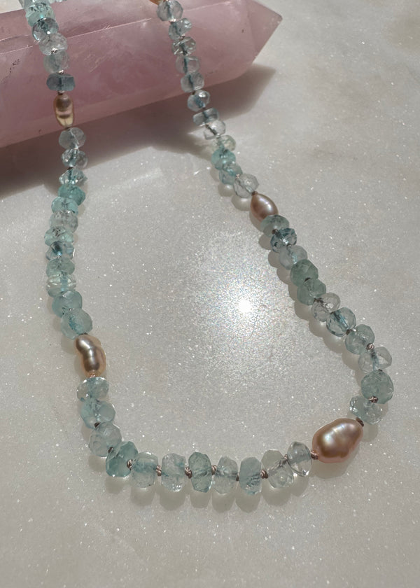 Saylor - Aquamarine with Pink Keshi Pearls