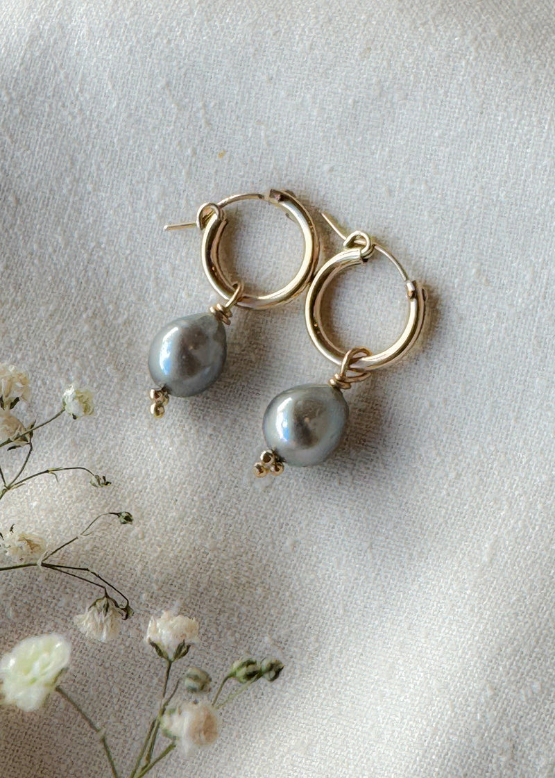 Charm Hoops- Tahitian Pearl