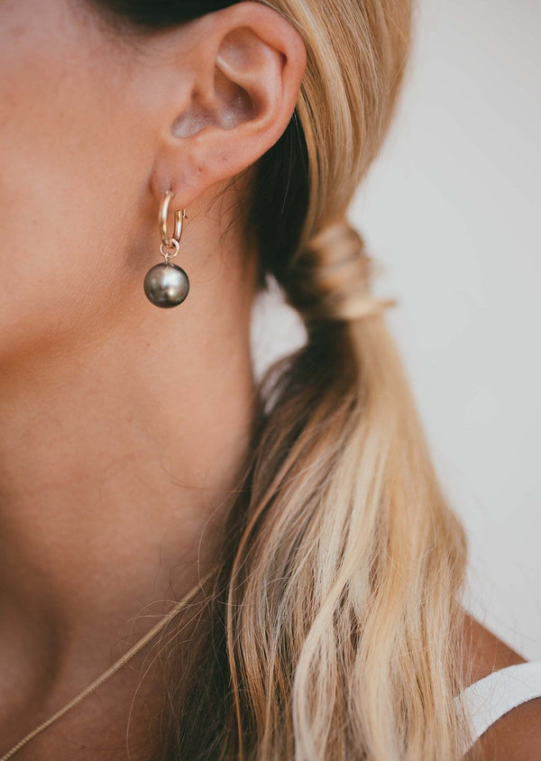 Tahitian Round Pearl Charm Hoop Earrings