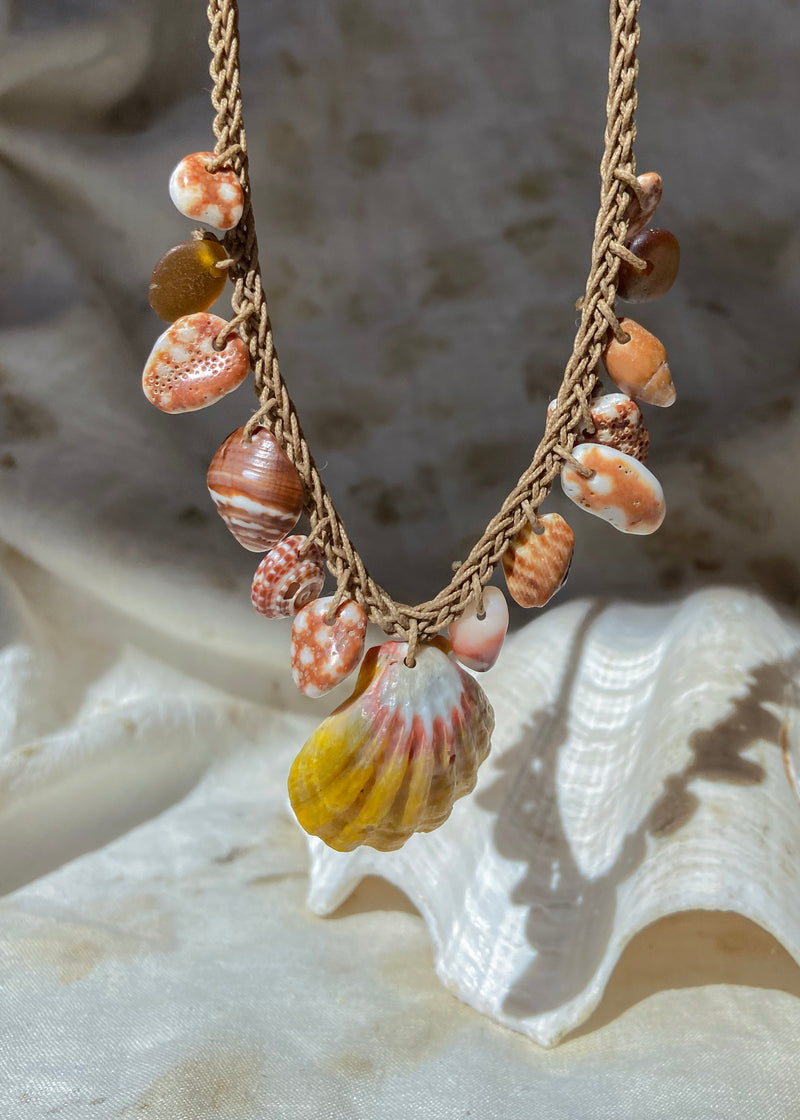 Braided Shell Necklace - Sunrise Shell, Spiral Shell, Browns and Tans