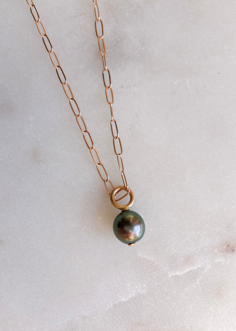 14k Rose Gold Paperclip Chain with Round Tahitian Pearl