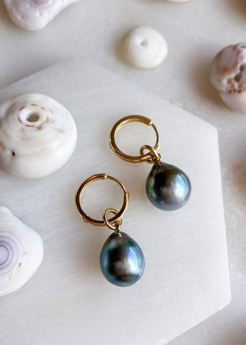 14k Tahitian Pearl Drop Charm Hoop Earrings