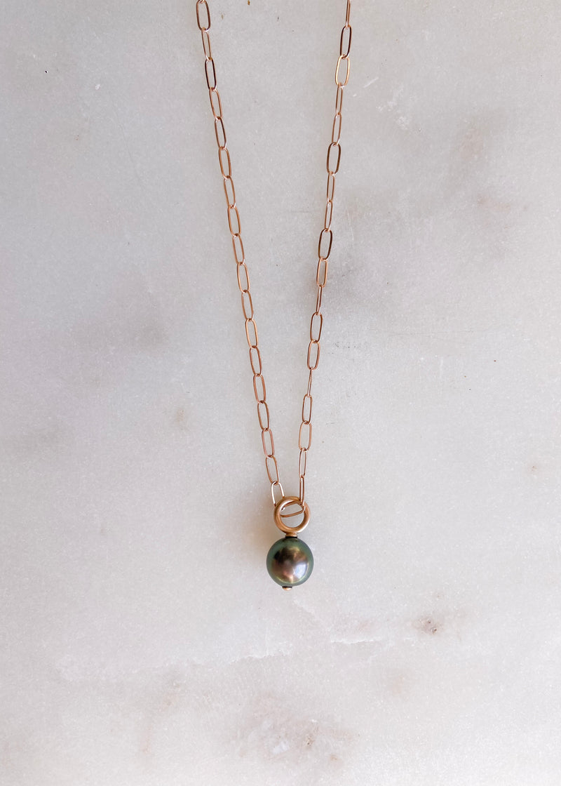 14k Rose Gold Paperclip Chain with Round Tahitian Pearl