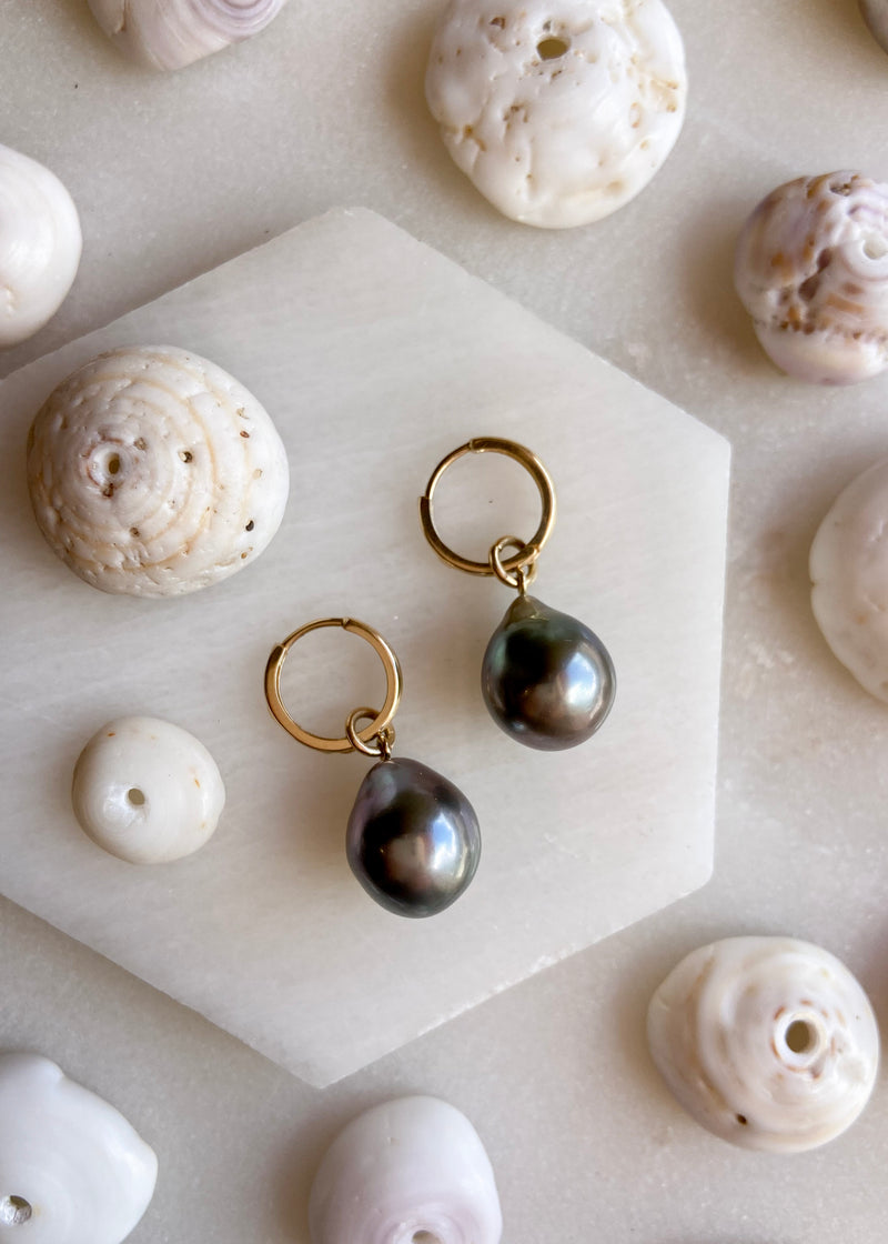 14k Tahitian Pearl Drop Charm Hoop Earrings