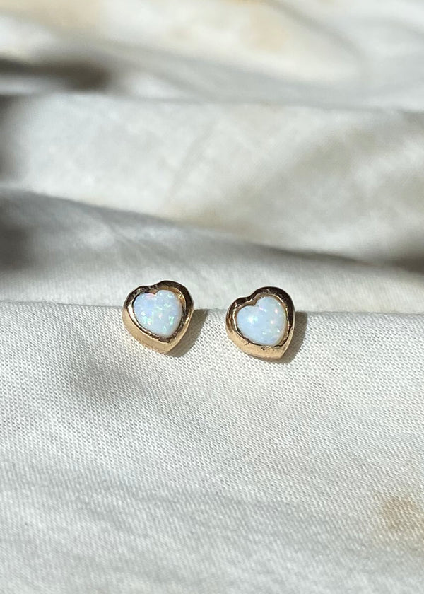 14K Opal Heart Studs