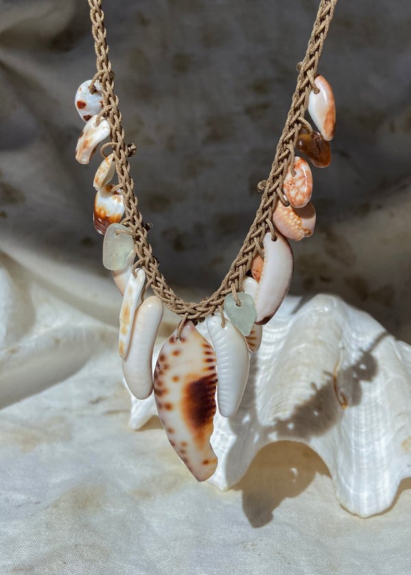 Braided Shell Necklace - Large Cowrie piece, Sea Glass, and Shells