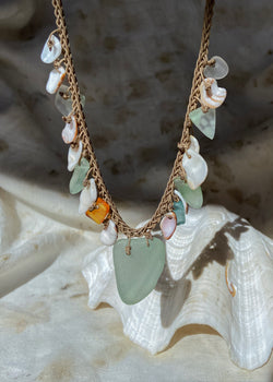Braided Shell Necklace - Green Sea Glass Statement Piece