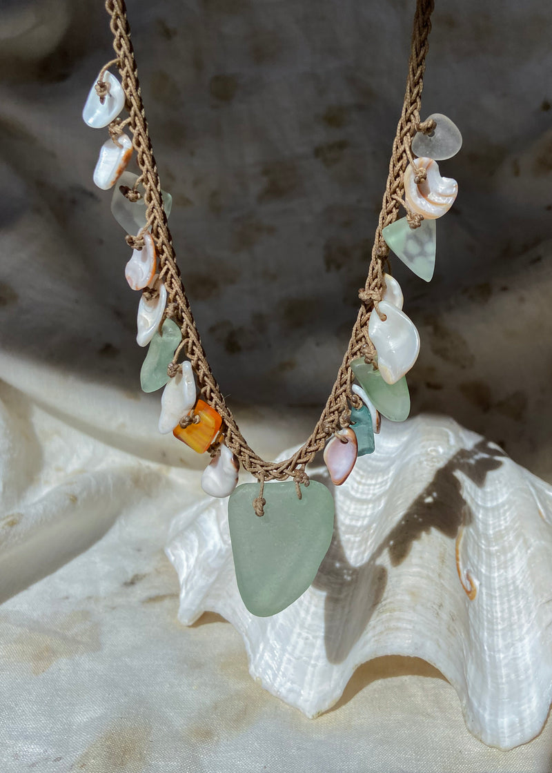 Braided Shell Necklace - Green Sea Glass Statement Piece