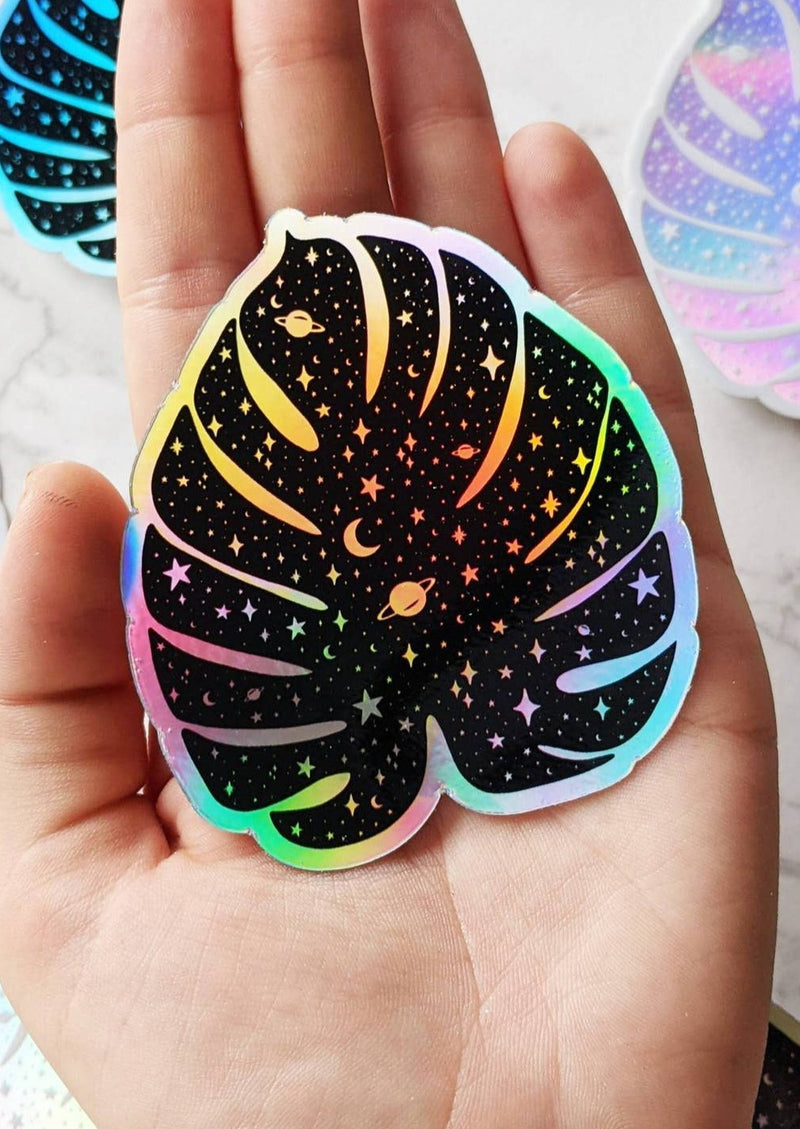 Monstera Leaf Moon & Stars Celestial Holographic Sticker