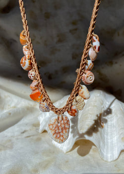 Braided Shell Necklace - Spotted Shell, Spiral Shells & Orange Sea Glass
