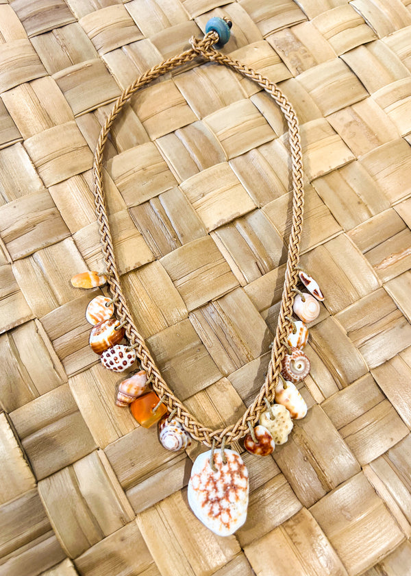 Braided Shell Necklace - Spotted Shell, Spiral Shells & Orange Sea Glass