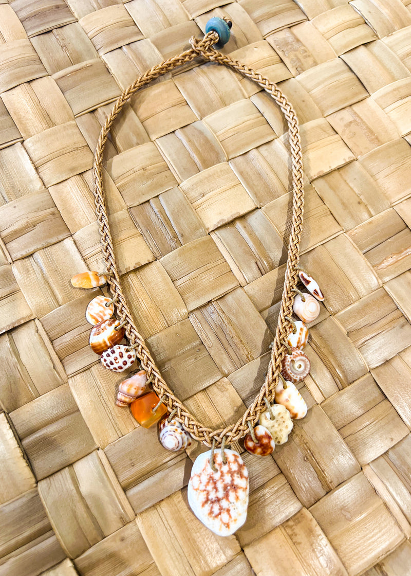 Braided Shell Necklace - Spotted Shell, Spiral Shells & Orange Sea Glass