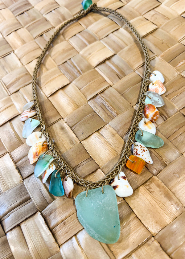 Braided Shell Necklace - Green Sea Glass Statement Piece
