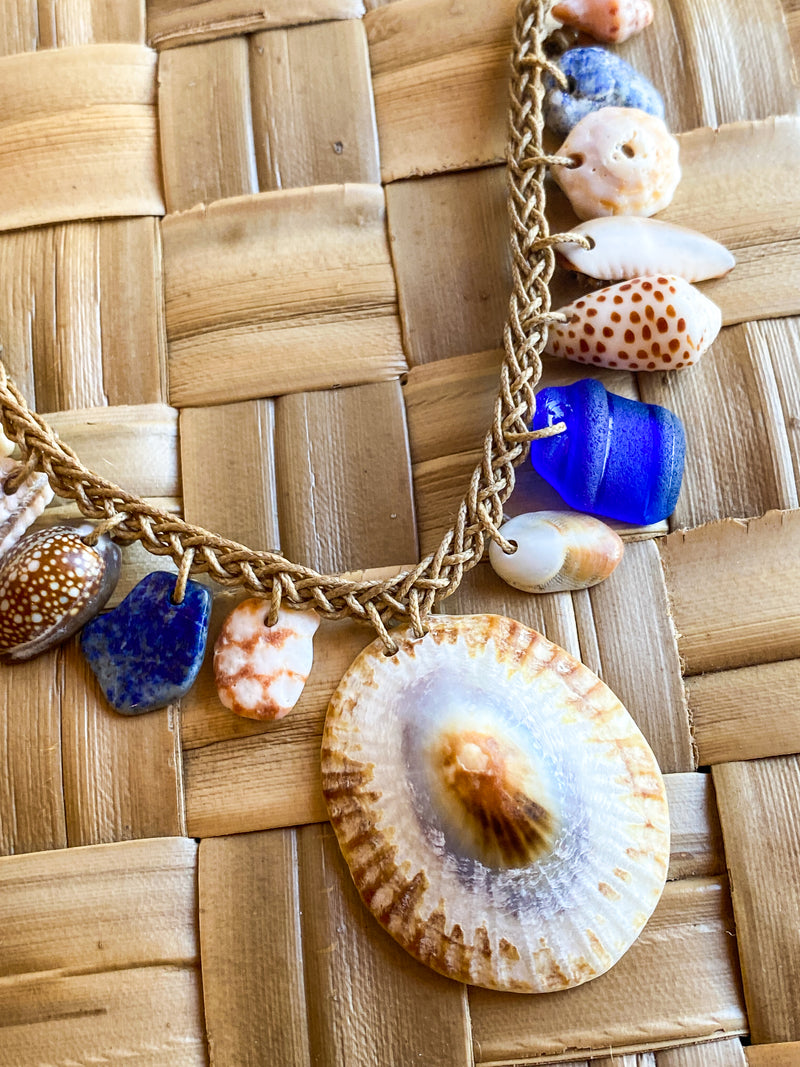 Braided Shell Necklace - Indigo & Opihi