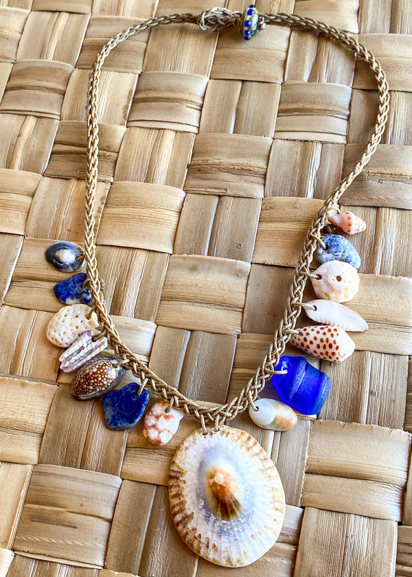 Braided Shell Necklace - Indigo & Opihi