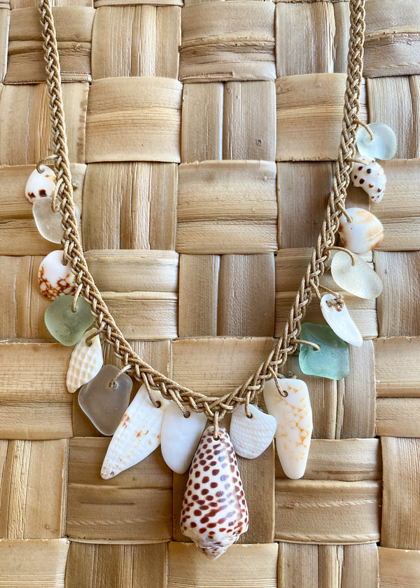 Braided Shell Necklace - Teal & Spotted Cone