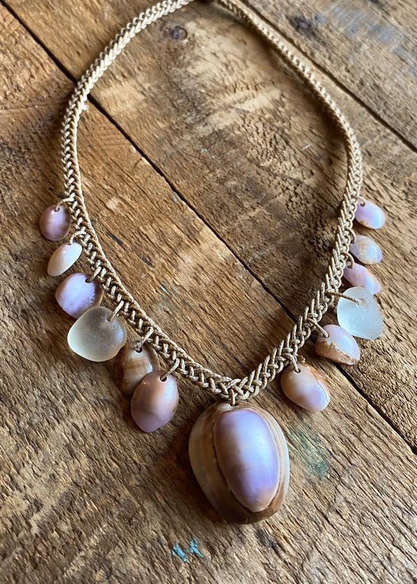 Braided Shell Necklace - Purple Cowrie & Brown