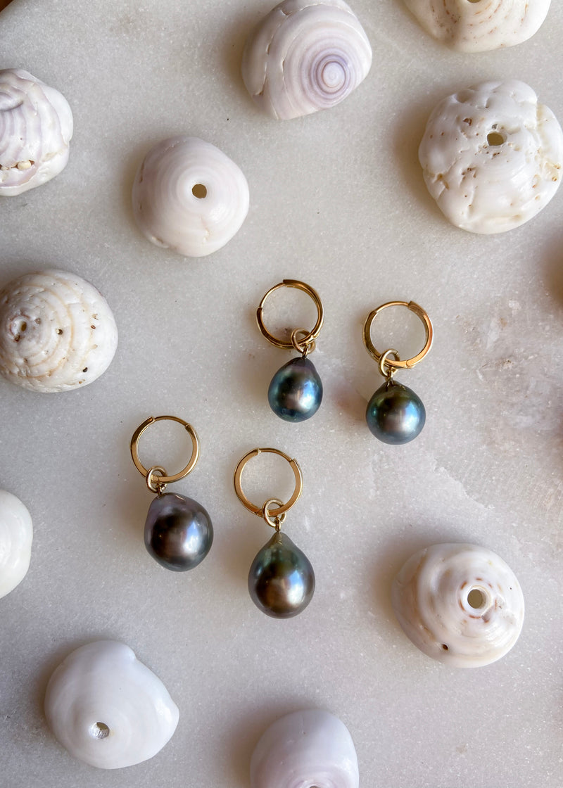 14k Tahitian Pearl Drop Charm Hoop Earrings