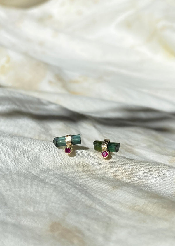 14k Green Tourmaline and Ruby Studs