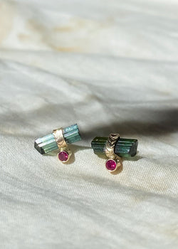 14k Green Tourmaline and Ruby Studs