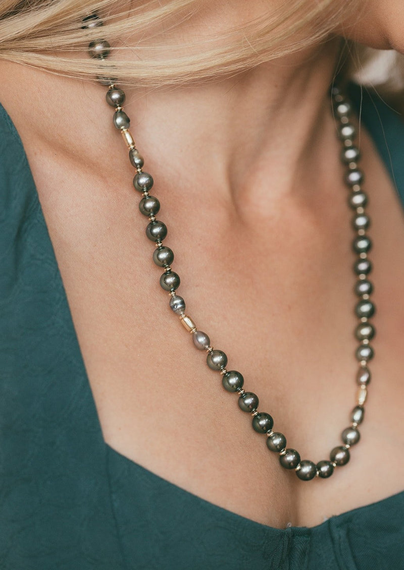 Long Tahitian Pearl Strand with 18k Gold beads