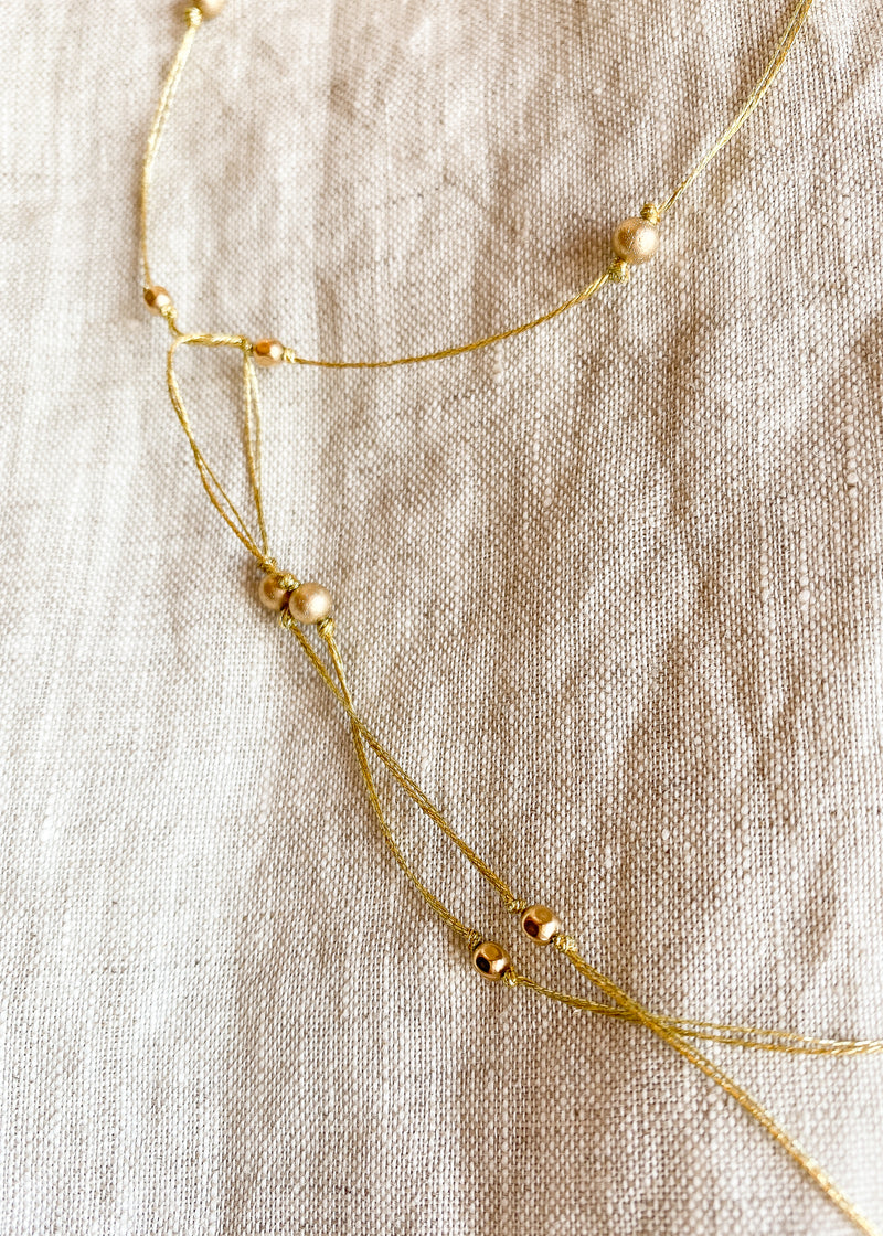Long Lariat Metallic Necklace- 3 Tahitian Pearls