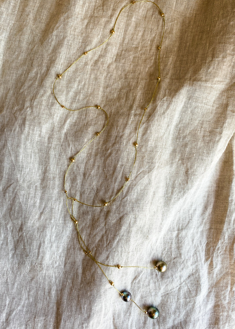 Long Lariat Metallic Necklace- 3 Tahitian Pearls